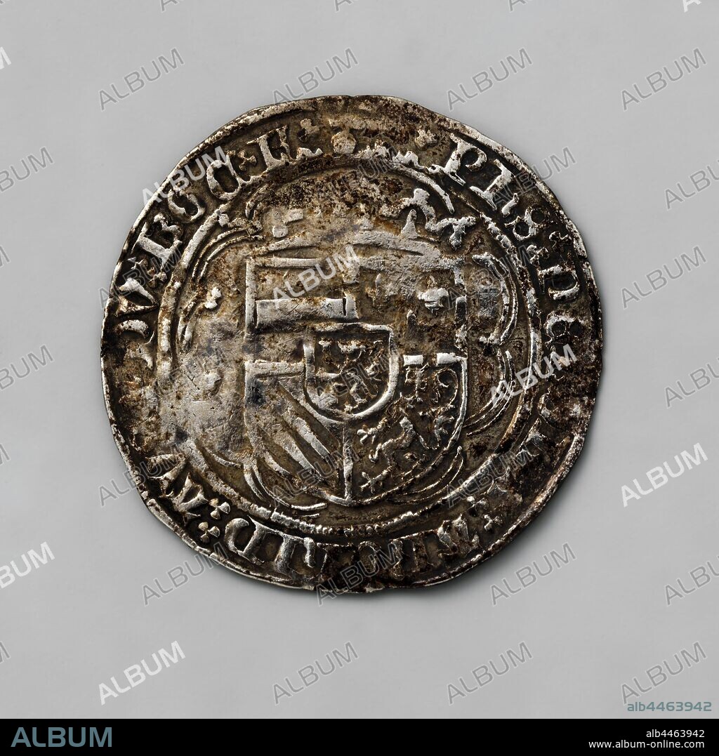 Double penny from Flanders by Philips de Schone, 1482-1506 Flanders, Philips de Schone, double penny, Silver coin. Obverse: a Burgundy coat of arms crowned in a multi-pass crown. Reverse: short floral cross, heart lily., anonymous, Bruges, 1499 - 1500, silver (metal), striking (metalworking), d 2.9, × w 2.88.