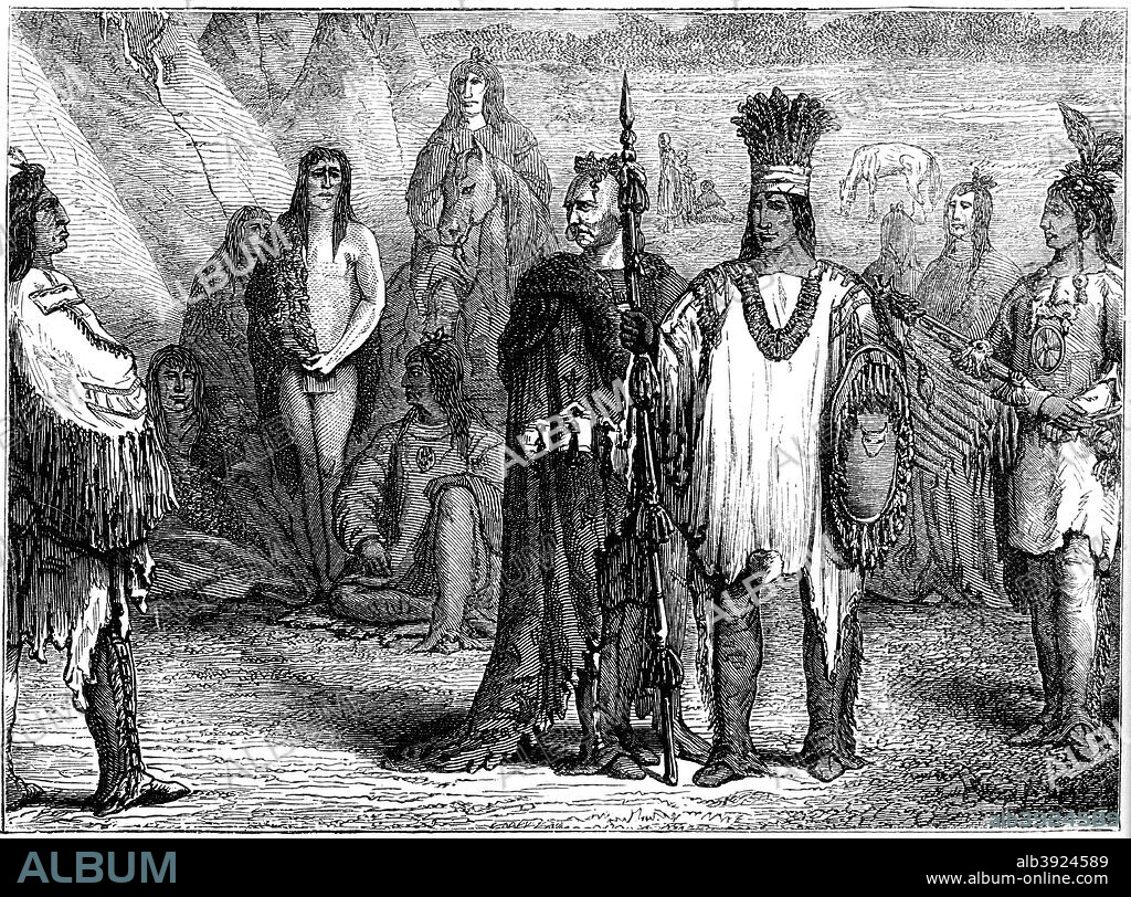 Creek Indians, early 19th century (c1880). The Creek fought a war of resistance (Red Stick War) against white immigration into their lands in 1813-1814. After their defeat, much of their land was taken under the terms of the Treaty of Fort Jackson, becoming the State of Alabama in 1819. In 1826, the Creek leader, Menawa, went to Washington to protest agaist the second Treaty of Indian Springs (1825) which stipulated that the majority of the Creek nation would be relocated west of the Mississppi. The treaty was annulled by the Treaty of Washington (1826). A print from Cassell's History of the United States, by Edmund Ollier, Volume III, Cassell Petter and Galpin, London, c1880.