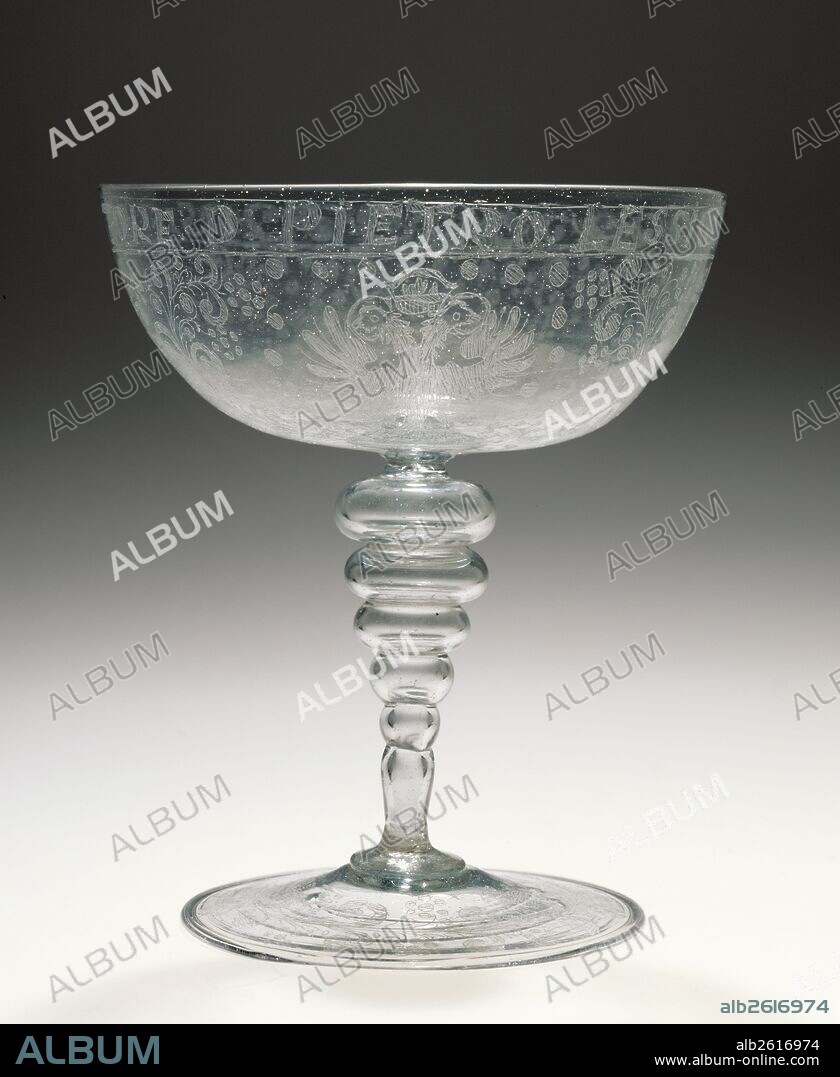 Wineglass; Unknown; Venice, Italy, Veneto, Europe; 1600 - 1650; Free-blown colorless (slightly gray) glass with diamond-point engraving; Object: H: 14.92 x Diam. [lip]: 13.02cm (H: 5 7/8 x Diam. [lip]: 5 1/8 in.).