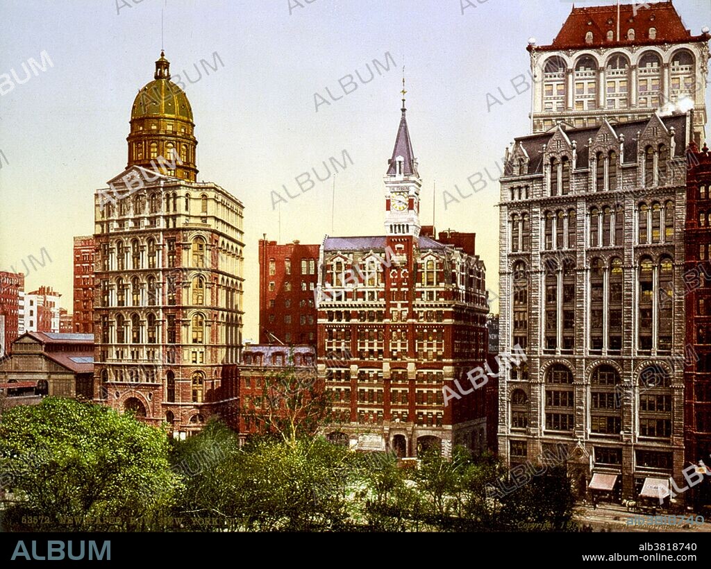 Park Row is a street located in the Financial District, Civic Center, and Chinatown sections of Manhattan. This section of the road was previously called Chatham Street and during the late 19th century it was nicknamed Newspaper Row, as most of New York City's newspapers located on the street to be close to the action at New York City Hall. Early in the 19th century most of the Manhattan portion of this road was suppressed, the Commons became City Hall Park, and the stub then known as Chatham Street was renamed Park Row. The New York World Building, also known as the Pulitzer Building (with spherical top) which housed the New York World newspaper; the 1873 Staats-Zeitung Building, also later demolished; the New York Tribune Building with the spire top; the New York Times Building. Photographed by the Detroit Publishing Company, 1900.