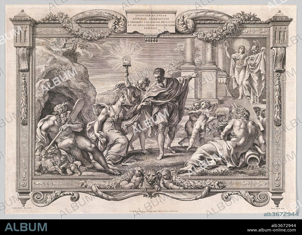 Annibale Carracci Introduces Painting to Apollo and Minerva. Artist: After Carlo Maratti (Italian, Camerano 1625-1713 Rome); Pietro Aquila (Italian, Marsala, Sicily 1650-1692/1700 Rome). Dimensions: Sheet (Trimmed to plate): 18 1/8 × 25 1/4 in. (46 × 64.1 cm). Publisher: Giovanni Giacomo De Rossi (Italian, Rome 1627-1691 Rome). Series/Portfolio: Published in Galeria Farnesianae Icones..., 1674. Date: 1674.
This print appeared as a frontispiece to a book of etchings depicting the frescoes painted by Annibale Carracci in the Farnese Gallery in Rome. Like the publication of the book itself, this frontispiece was part of a concerted effort to raise the painter, active at the turn of the seventeenth century, to mythical status. Here we see Annibale accompanied by Genius bringing Painting out of a dark cave (symbolic of the obscurity and darkness into which painting was said to have fallen in the late sixteenth century) into that exalted and luminous realm where she could be welcomed by Apollo and Minerva. The idea is very much like that of Pietro Testa's etching, 'The Triumph of Painting on Parnassus', in which Painting is welcomed on Parnassus, and Maratti's design may also have received inspiration from Testa's later and more personal interpretation of the theme, in which the artist is accompanied, as here, by a figure with a flaming torch. The river god nearest Annibale signifies the city of Rome, where Annibale's Farnese Gallery gave the greatest proof of his genius. The other river god stands for Bologna, where Annibale was born and, together with his brother and cousin, founded an influential academy of art.
Giovanni Pietro Bellori, the antiquarian and art critic who had organized the publication with de' Rossi and written the accompanying text, had recently published a series of artists' lives that also sought to promote Annibale as the ideal painter whose revival of the tradition of Raphael should be a model for all artists. Carlo Maratti, the successful painter and leader of the Roman Academy who designed this allegory, had been trained in the Carracci tradition, and wished to uphold that tradition in the face of other artistic trends prominent in Rome. The highly skilled Sicilian printmaker Pietro Aquila was a friend of Maratti and frequently collaborated with Bellori.
