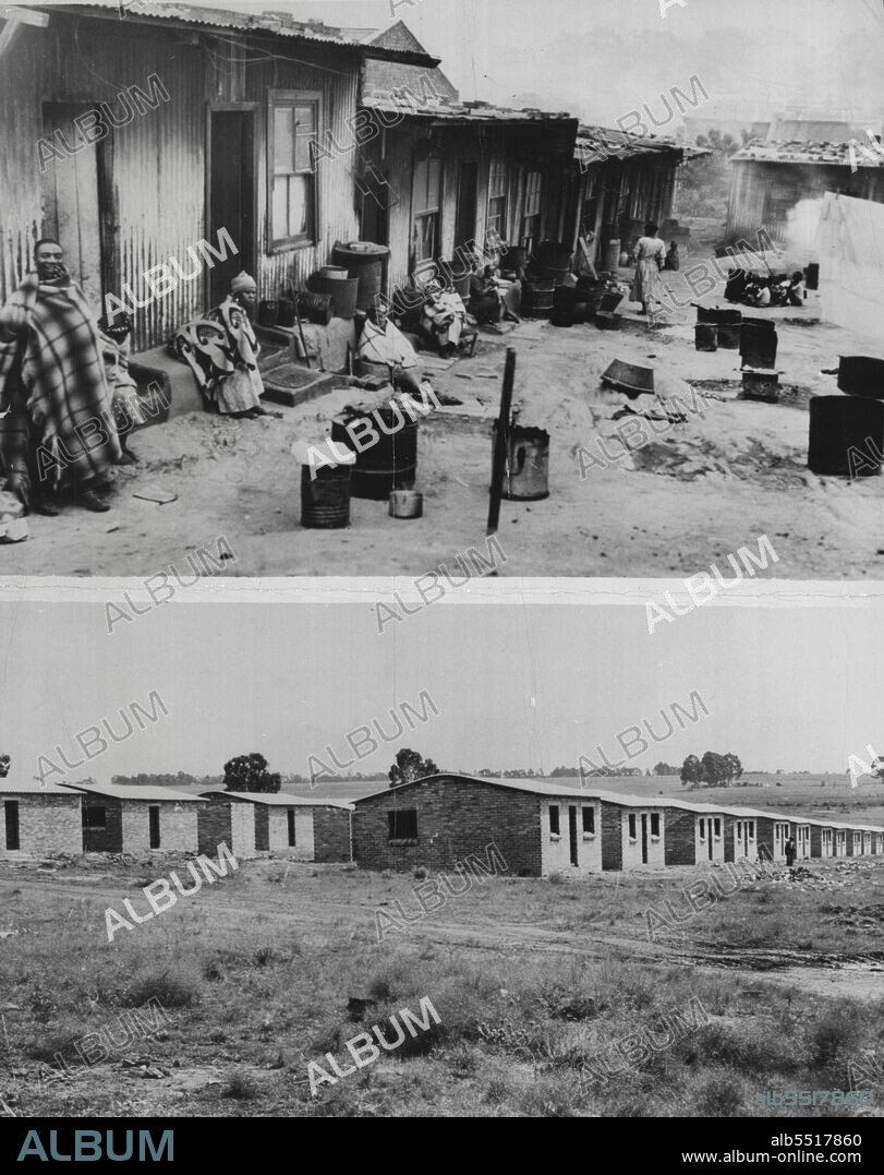 Current Picture In South Africa.Old and new quarters for the natives who work in the Johannesburg area are shown in these two photos. The overcrowded slum of Sophiatown (top) will be razed and the government is building housing developments (bottom) farther out in what was once bare veld country. The advantage of newer, cleaner housing for the native is offset by the hours of traveling to and from work he has to do via the form of transportation available to him - his own feet or slow, overcrowded busses. January 14, 1955. (Photo by United Press).