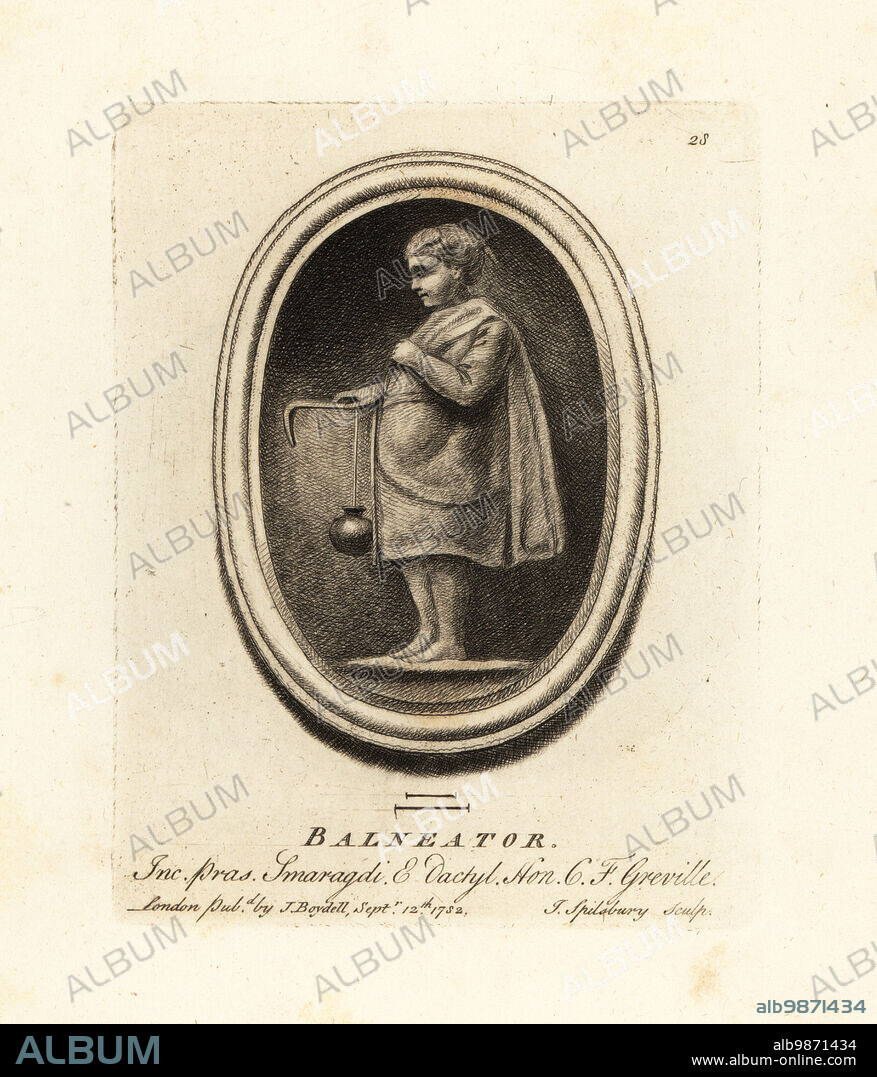 Roman bath attendant with jar of oil and strigil, a tool to scrape oil from the skin. Engraved in emerald and dactylotheca from the collection of antiquarian Charles Francis Greville. Balneator inc. pras. Smaragdi & Dactyl. Mezzotint copperplate engraving by John Spilsbury from his Collection of Fifty Prints from Antique Gems, John Boydell, London, 1785.