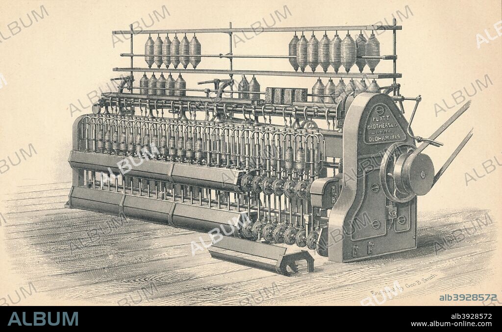 Finishing Roving Frame, by Platt, Brothers & Co. Oldham', 1874. The Roving Frame winds spindles with thread. Platt Bros & Co manufactured textile machinery and by the end of the 19th century, the company had become the largest textile machinery manufacturer in the world. From Popular Encyclopedia or Conversations Lexicon, by A. Whitelaw. [Blackie & Son, Limited, London, Glasgow & Edinburgh, 1874].