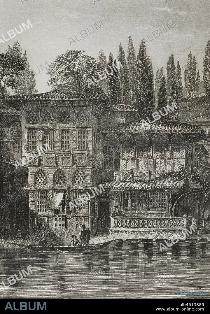 Imperio Otomano. Turquía. Constantinopla (actual Estambul). Casa del sacerdote griego junto a Yeni-Kuey. Grabado por Lemaitre. Historia de Turquía, por Joseph Marie Jouannin (1783-1844) y Jules Van Gaver. Panorama Univeral, edición española de 1840.
