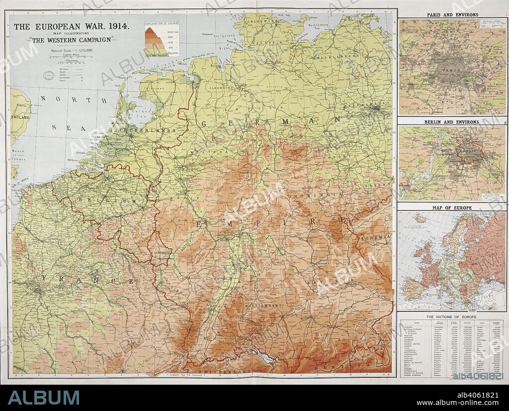 A map of Europe in 1914, the first year of the First World War. Some smaller maps showing Paris; Berlin; another map of Europe and a list of the nations of Europe. The European War, 1914. Map illustrating â€œThe Western Campaign.â€ (Plus): etc. (Paris and environs; Berlin and environs; Map of Europe. W. & A.K. Johnston's War Map. Paris to Berlin, orographically coloured). Edinburgh : W. & A.K. Johnston, [1915]. 980 x 705 mm.; Scale 1: 1 175 000. Source: Maps.1035.(120).