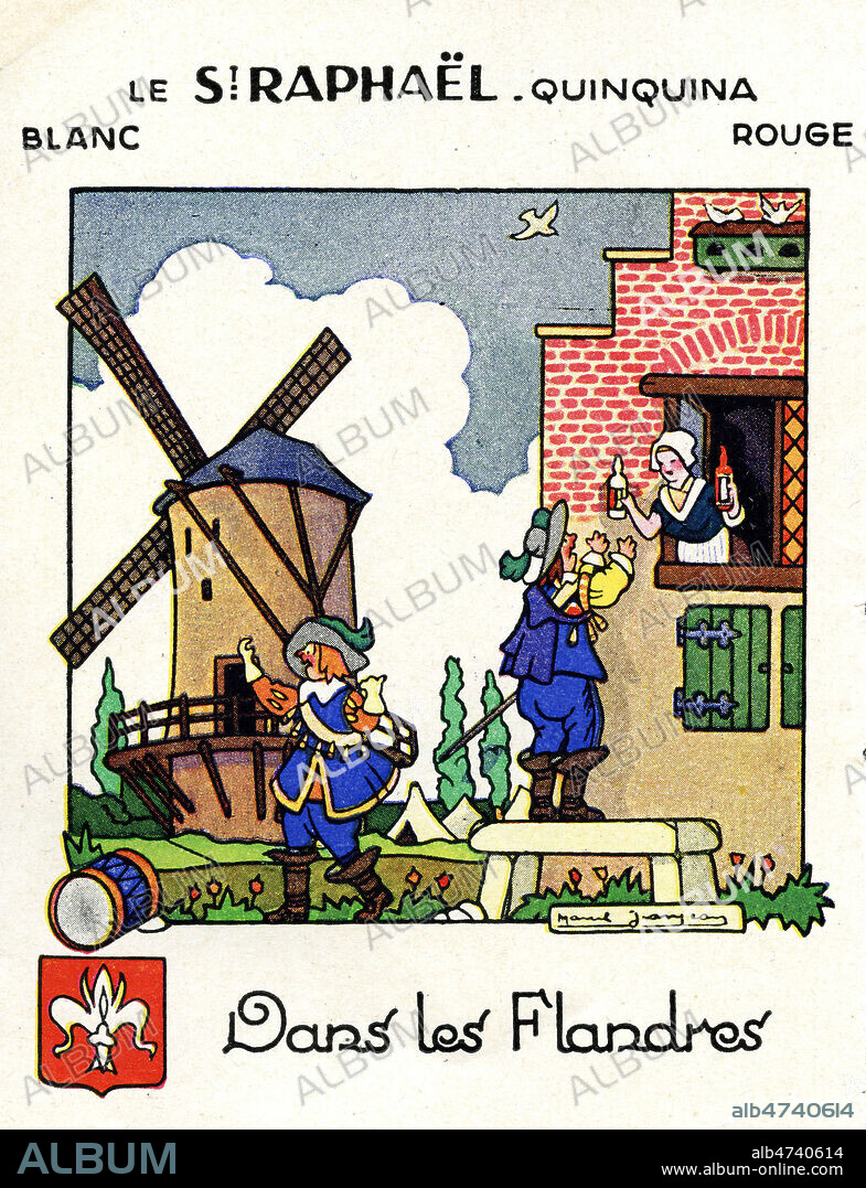'Le Saint Raphael quinquina dans les Flandres'. Brochure publicitaire pour la quinquina Saint Raphael de 1926. Illustration de Marcel JEANJEAN (1893-1973)(ADAGP).. Credit : Collection IM/KHARBINE-TAPABOR.