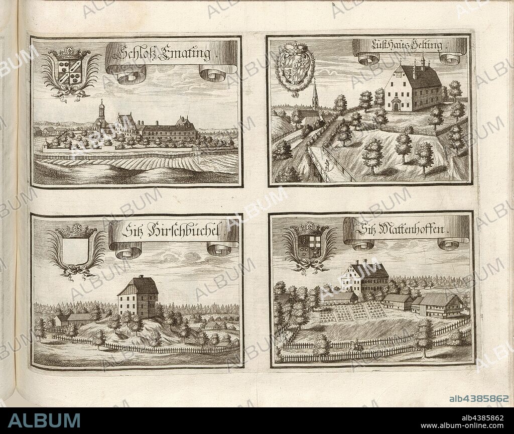 Schloss Emating, Lusthaus Gelting, seat Hirschbüchel and seat Mattenhoffen, Castle Egmating, Castle Gelting in Pliening, Castle Hirschbichl in Emmering and Castle Mattenhofen in Glonn in Bavaria (Germany), Fig. 187, p. 102, Wening, Michael (del. et sc.), 1701, Michael Wening: Historico-topographica descriptio. Das ist: Beschreibung, dess Churfürsten- und Hertzogthumbs Ober- und Nidern Bayrn, welches in vier Theil oder Rennt-Aembter, als Oberlands München und Burgkhausen, Underlands aber in Landshuet unnd Straubing abgetheilt ist [...]. Thail 1. München: bey Johann Lucas Straub, gem: lobl. Landtschafft Buchtruckern, anno M.DCCI. [1701].