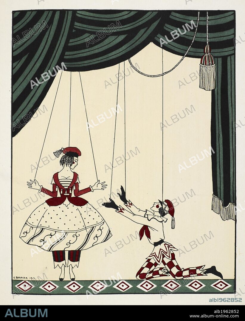GEORGE BARBIER. 'Petroushka'. Scene from Petroushka, a ballet with music by Russian composer Stravinsky. Two puppets on stage, held up by strings. The boy is kneeling reaching upwards to the girl. They are both dressed in matching red and white patterened outfits. Designs on the Dances of Vaslav Nijinsky ... Foreword by Francis de Miomandre, translated from the French by C. W. Beaumont. London, Paris [printed], 1913. Source: L.R.28.a.14, plate 11.