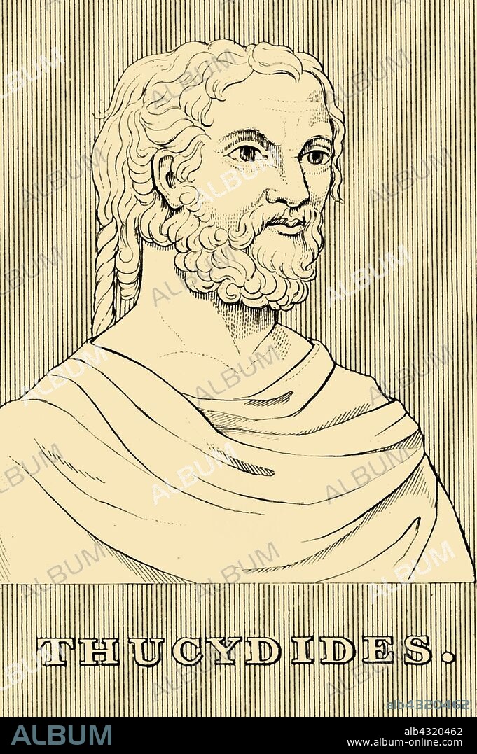 'Thucydides', (c460-400 BC), 1830. Thucydides (c460-400 BC) Athenian historian and general with a reputation for impartiality, evidence-gathering and analysis. He viewed the political behavior of individuals as mediated by emotions of fear and self-interest. From "Biographical Illustrations", by Alfred Howard. [Thomas Tegg, R. Griffin and Co., J. Cumming, London, Glasgow and Dublin, 1830].