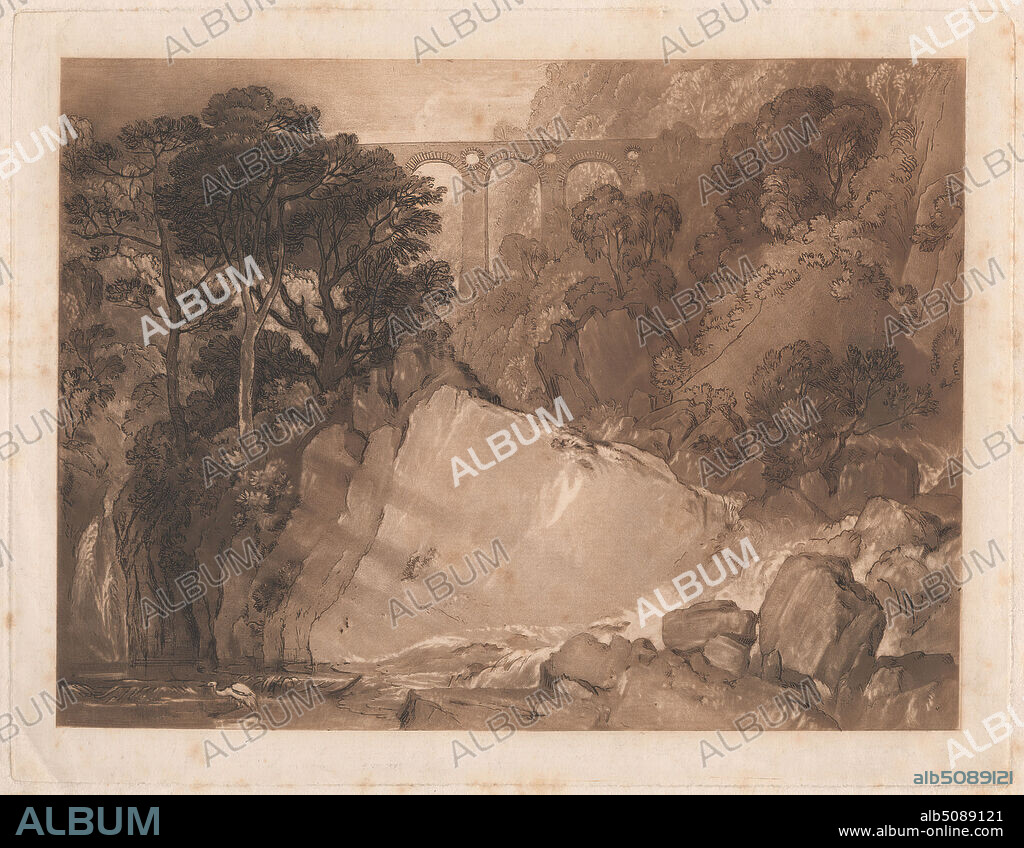 The Stork and Aqueduct, Etched by Joseph Mallord William Turner, 17751851, British, Possibly engraved by Henry Dawe, 17901848, British, after Joseph Mallord William Turner, 17751851, British, between 1813 and 1823, Etching and mezzotint, printed in brown ink on medium, slightly textured, cream laid paper, Sheet: 10 3/4 × 13 inches (27.3 × 33 cm), Plate: 8 1/2 × 10 7/8 inches (21.6 × 27.6 cm), and Image: 7 3/8 × 9 7/8 inches (18.7 × 25.1 cm).