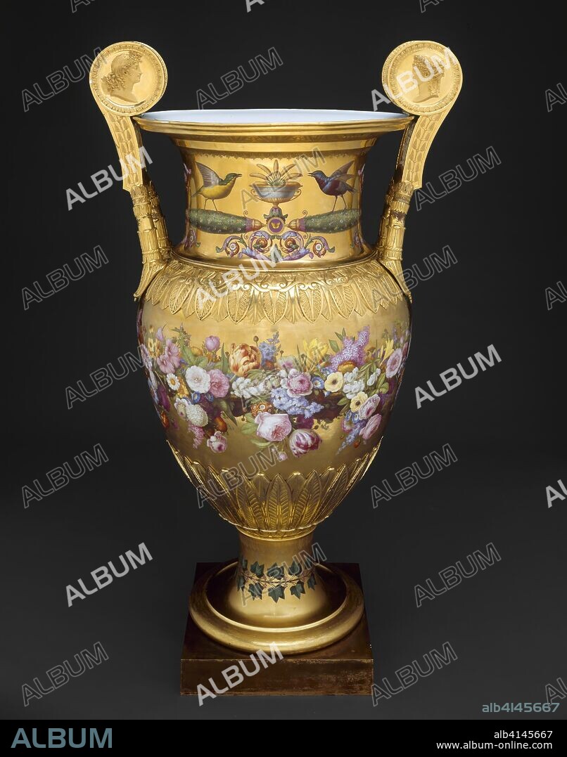 MANUFACTURE NATIONALE DE SEVRES. Londonderry Vase. Sèvres Porcelain Manufactory (Sèvres, France, founded 1740); Designed by Charles Percier (French, 1764-1838); Decoration designed by Alexandre-Theodore Brogniart (French, 1739-1813); Flowers and ornament painted by Gilbert Drouet (French, 1785-1825); Birds painted by Christophe-Ferdinand Caron (French, active 1792-1815). Date: 1813. Dimensions: 137.2 cm (54 in.). Hard-paste porcelain, polychrome enamels, gilding, and gilt bronze mounts. Origin: Sèvres.