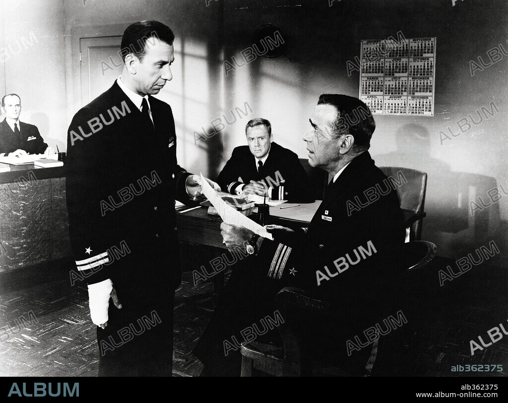 HUMPHREY BOGART, JOSE FERRER and VAN JOHNSON in THE CAINE MUTINY, 1954, directed by EDWARD DMYTRYK. Copyright COLUMBIA PICTURES.