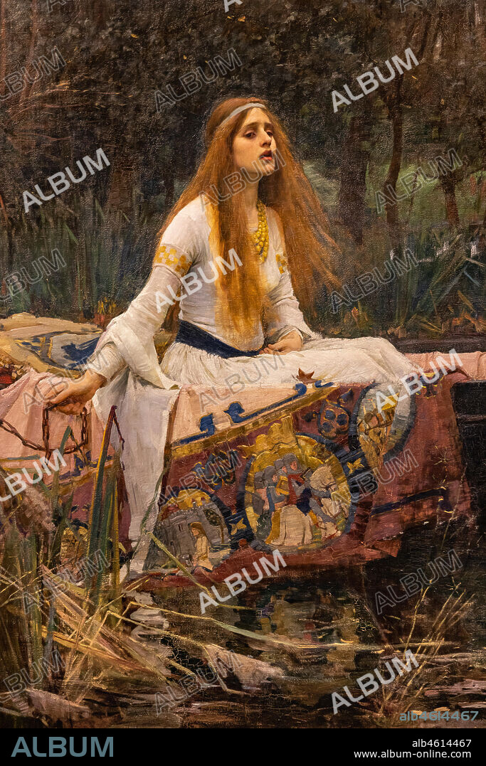 "The Lady of Shalott", 1888 by John William Waterhouse (1849 - 1917); oil painting on canvas. The subject is based on the poem by Alfred Tennyson of the same name. Detail.