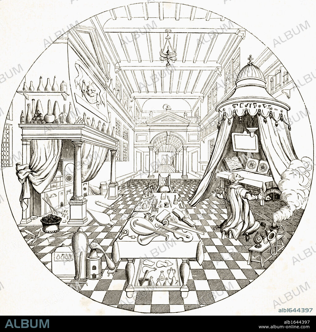 The Alchemist after an engraving by Vriese in The Cabinet of Designs. From Science and Literature in The Middle Ages by Paul Lacroix published London 1878.