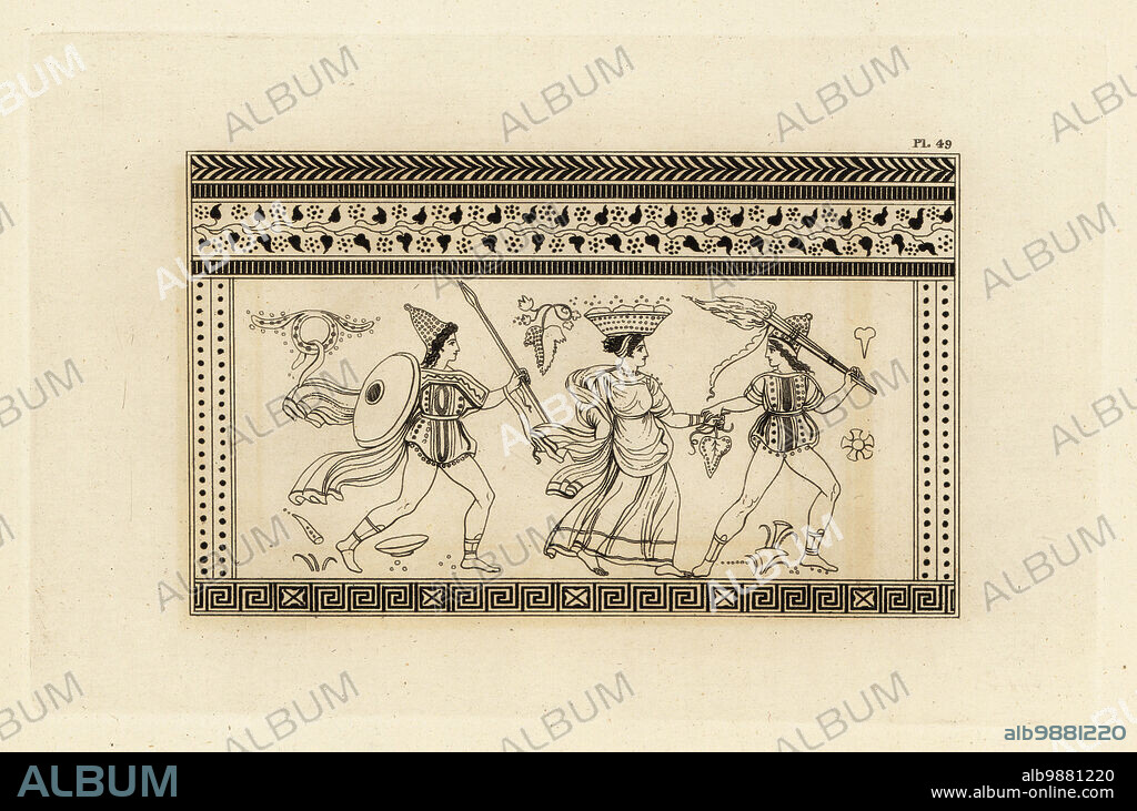 Bacchanalia or festival to Bacchus, Roman god of wine. One crazed man holds a torch, the other two spears or javelins and a buckler. Woman with basket on her head. Rhytion and crater vases to Bacchus on the ground. Copperplate engraving by Thomas Kirk (1765-1797) from Sir William Hamiltons Outlines from the Figures and Compositions upon the Greek, Roman and Etruscan Vases of the Late Sir Hamilton, T. MLean, London, 1834.