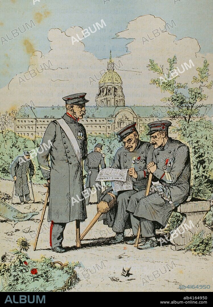 Francia. París. Los Invalidos. Complejo arquitectónico creado originariamente como residencia para soldados y militares franceses retirados. "La lectura del periódico". Ilustración en color de la "Armeé Française, Nos Soldats" (Ejército Francés, Nuestros Soldados). Autor, Eugene Hennebert (1826-1896). Ilustrador firmada por Hussenot y Pallandre. París, h. 1890. Biblioteca Histórico Militar de Barcelona, Cataluña, España.