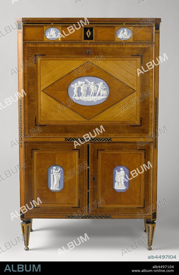 Secretary Secretaire, Secretaire glued with maple and satin wood and other types of wood and inlaid with Wedgwood jasperware plaques on rectangular fields. The angled tapered legs are strapped at the top. The doors carry two narrow high plaques from Sappho and Flora, on the flap a large oval plaque with the marriage of Amor and Psyche. The top drawer shows a small oval plaque on the left and right with a singing and sewing woman with child. Frames with plain and decorated painted fields, marriage of Cupid and Psyche, (story of) Flora, (story of) Sappho, the poetess, mother and child (ren), woman and child (ren) (family group), sewing, anonymous, c. 1780 - c. 1795 and/or c. 1780 - c. 1790, wood (plant material), oak (wood), maple (wood), satinwood (wood), earthenware, copper (metal), velvet (fabric weave), rosewood (wood), lacquering, h 150.5 cm × w 90.5 cm × d 41.5 cm w 83.5 cm × d 39.0 cm.