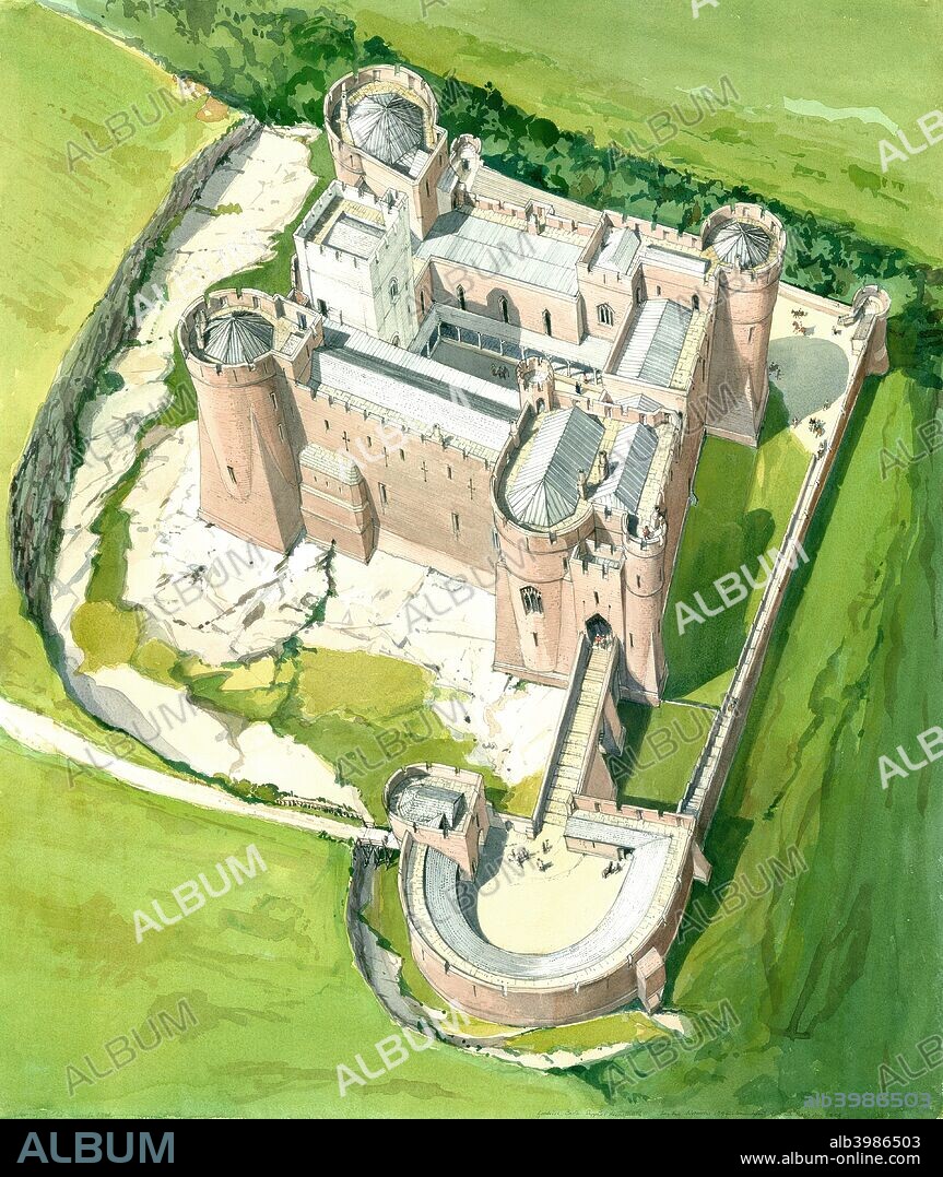 Goodrich Castle, late 13th century, (c1990-2010). Aerial view reconstruction drawing of Norman medieval castle situated to the north of the village of Goodrich in Herefordshire, England. The Castle was probably built by Godric of Mappestone after the Norman invasion of England, initially as an earth and wooden fortification. In the 12th century the original castle was replaced with a stone keep, and was then expanded significantly during the late 13th century.