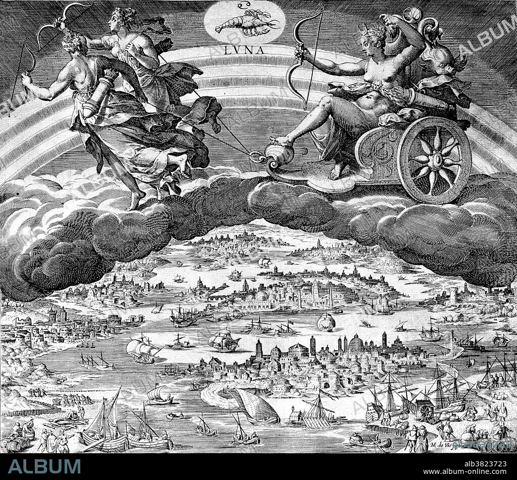 The Moon in her chariot, riding across the heavens. In ancient Roman religion and myth, Luna is the divine embodiment of the Moon (Latin luna; cf. English "lunar"). She is often presented as the female complement of the Sun (Sol) conceived of as a god. Luna is also sometimes represented as an aspect of the Roman triple goddess (diva triformis ), along with Proserpina and Hecate. Luna is not always a distinct goddess, but sometimes rather an epithet that specializes a goddess, since both Diana and Juno are identified as moon goddesses. In Roman art, Luna's attributes are the crescent moon plus the two-yoke chariot (biga ). Luna's Greek counterpart was Selene. In Roman art and literature, myths of Selene are adapted under the name of Luna. Engraving by Jan Sadeler after Martin de Vos.