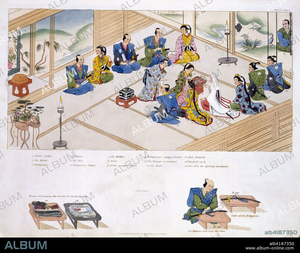 Japanese Marriage: the two families meeting, with mediator; plate from Bijzonderheden over Japan published 1824 (colour lithograph). A plate from 'Illustrations of Japan' by Isaac Titsingh (1745-1812), the Dutch East India Company's representative to Japan and ambassador for the Netherlands; Published 1824; Japanese history, customs and ceremonies during the Tokugawa/Edo period observed by Dutch senior official.