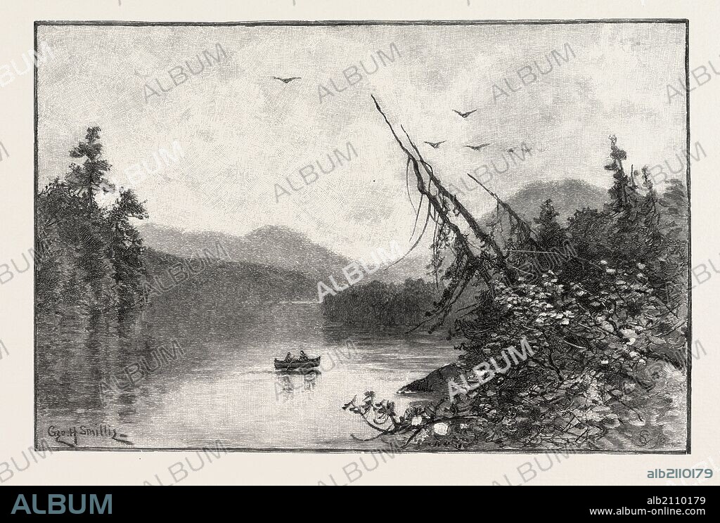 NEW BRUNSWICK, LITTLE TOBIQUE LAKE, CANADA, NINETEENTH CENTURY ENGRAVING.