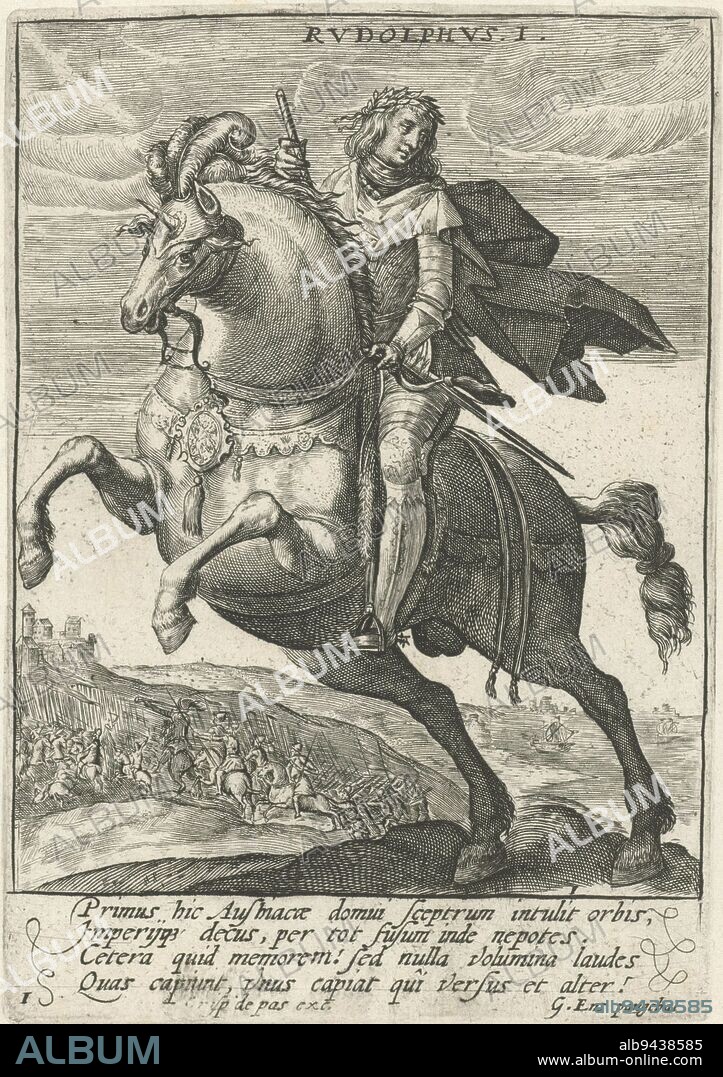 Rudolf I of Habsburg, German emperor, on horseback In the background his army and family castle the Habsburg In the margin a four-line caption in Latin Print from a series showing German emperors on horseback, Rudolf I of Habsburg on horseback RvdolphvsI German emperors on horseback Romani Imperatores Domo Austria , print maker: Crispijn van de Passe (I), G. Ens, (mentioned on object), publisher: Crispijn van de Passe (I), (mentioned on object), Cologne, 1604, paper, engraving, h 145 mm × w 100 mm.