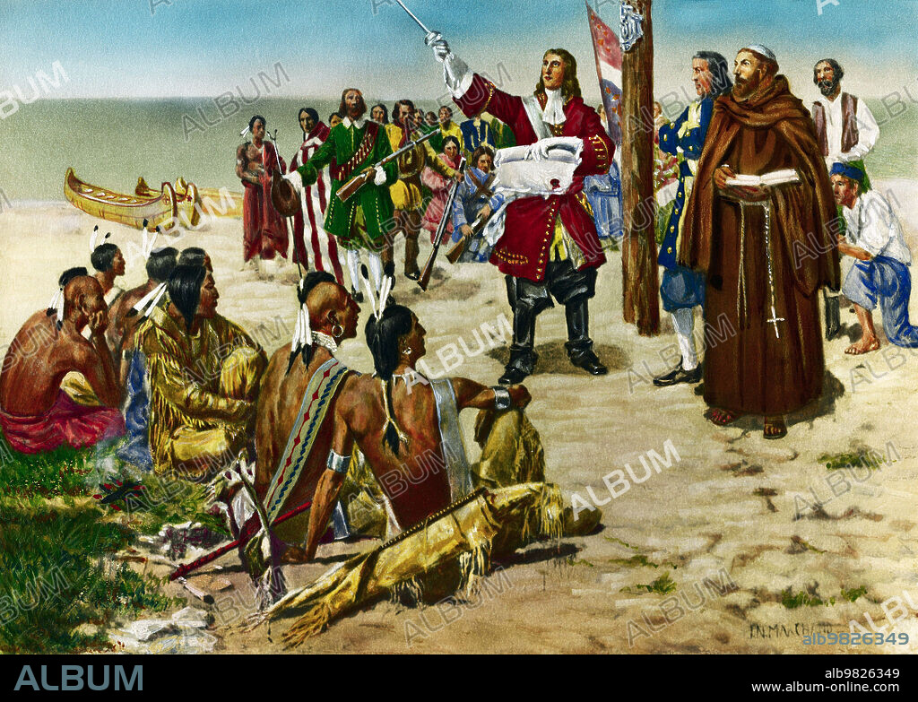 USA / France: Rene-Robert Cavelier, Sieur de La Salle (1643 - 1687), French explorer, plants a cross at the mouth of the Mississippi River and claims Louisiana for France, 9 April 1682. Painting by John Norval Marchand (1875 - 1921), 1900.. Rene-Robert Cavelier, Sieur de La Salle (Lord of the Manor), was a 17th century explorer and fur trader in North America.
