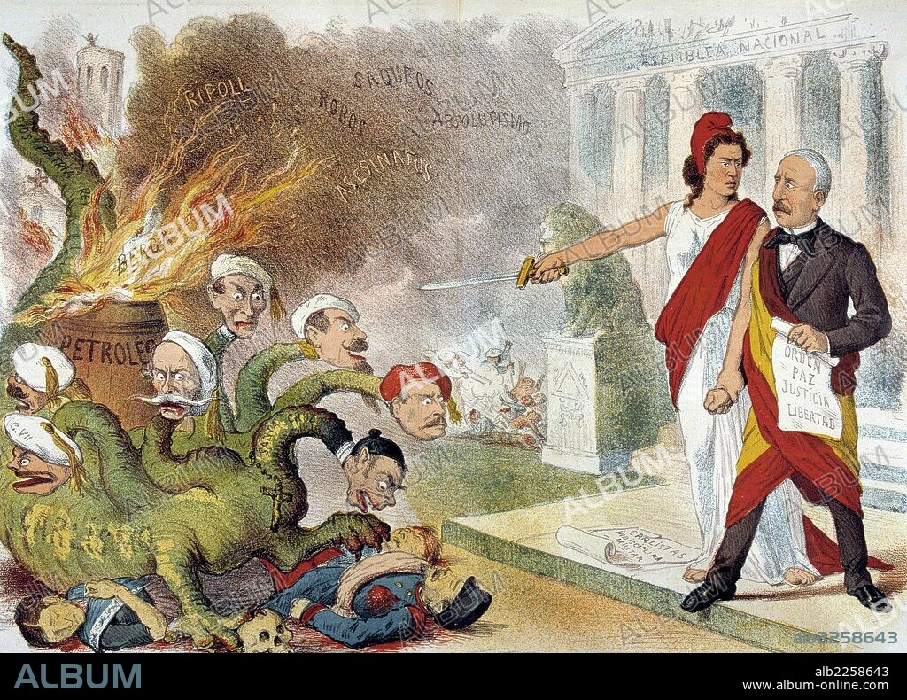 PRIMERA REPUBLICA 1873-1874. ESPAÑA. " LA JUSTICIA RECRIMINA AL PRESIDENTE ESTANISLAO FIGUERAS LOS EXCESOS COMETIDOS ". REVISTA LA FLACA , BARCELONA 1873.
