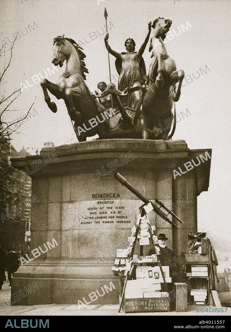 Monument to Boadicea, Westminster Bridge, London, 20th century. After the death of Boudicca's (c25-61) husband Prasutagus, leader of the Iceni, the Romans confiscated his lands, committing various atrocities, including the rape of Boudicca's daughters. This prompted Boudicca and the Iceni to launch a revolt against the Romans in 61 AD. The revolt was initially successful, with Colchester, London and St Albans brutally sacked. Eventually Boudicca's army was defeated by a Roman force under Seutonius Paullinus, after which Boudicca is said to have committed suicide by taking poison. The monument, by Thomas Thornycroft, was unveiled in 1905.