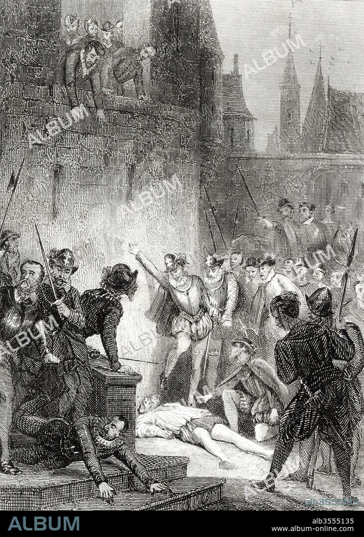 Gaspard II de Coligny (1519-1572), noble político francés líder de los Hugonotes protestantes, asesinado y defenestrado, hecho que desencadenó la masacre de hugonotes franceses conocido como la Matanza de San Bartolomé en agosto de 1572. Grabado de 1864.
