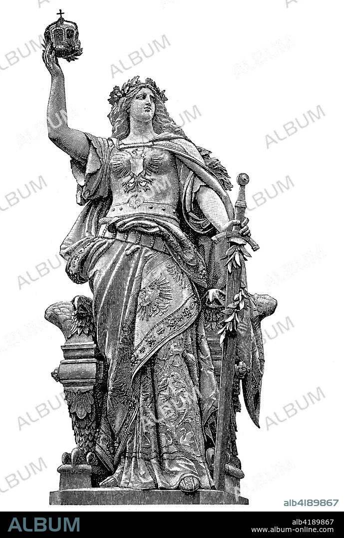 The Niederwalddenkmal is a monument located in the Niederwald, near Ruedesheim on the Rhine in Hesse, Germany, he central figure is the 10.5 metres tall Germania figure, holding the recovered crown of the emperor in the right hand and in the left the Imperial Sword, digital improved reproduction of an original print from 1880.