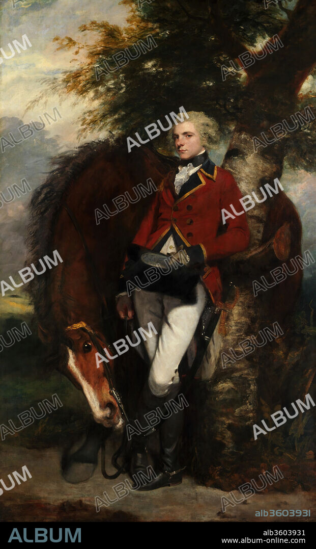 Captain George K. H. Coussmaker (1759-1801). Artist: Sir Joshua Reynolds (British, Plympton 1723-1792 London). Dimensions: 93 3/4 x 57 1/4 in. (238.1 x 145.4 cm). Date: 1782.
Reynolds gave close attention to his portrait of George Kein Hayward Coussmaker, a lieutenant and captain in the first regiment of Foot Guards. No fewer than twenty-one appointments--and at least two more for the sitter's horse--are recorded between February 9 and April 16, 1782. The composition is complex and the whole vigorously painted.