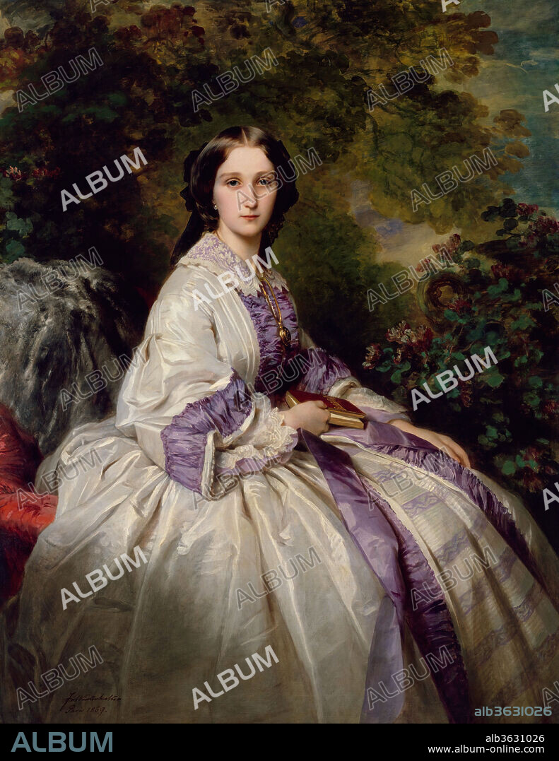 Countess Alexander Nikolaevitch Lamsdorff (Maria Ivanovna Beck, 1835-1866). Artist: Franz Xaver Winterhalter (German, Menzenschwand 1805-1873 Frankfurt). Dimensions: 57 1/4 x 45 1/4 in. (145.4 x 114.9 cm). Date: 1859.
Although trained in Germany, Winterhalter spent most of his adult life in Paris, where he became a favorite portraitist of European aristocrats. In 1841 alone, his sitters included the king and queen of Belgium; King Louis-Philippe of France; and Queen Maria Cristina of Spain. The following year, he added Marie-Amélie, queen of France, and Queen Victoria and Prince Albert of England to his roster of royal models. 
The twenty-four-year-old countess depicted here was the wife of Alexander Nikolaevitch Lamsdorff, a Russian aristocrat and Francophile. The book of English poetry in her lap is thought to be a reference to her father, Ivan Alexandrovitch Beck, a poet and translator. Her choice of a fashionable day dress may have been suggested by Winterhalter, who is known to have advised his sitters on their wardrobe and posed them to their best advantage in his studio.