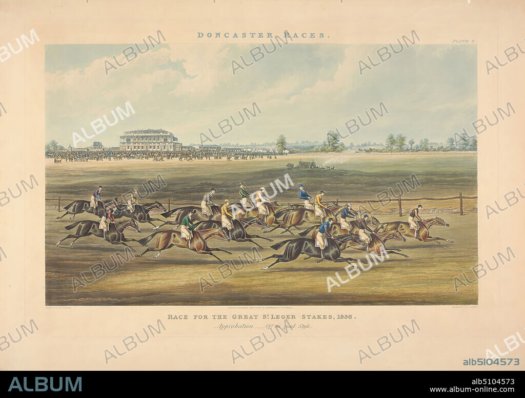 Doncaster Races: Race for the Great St. Leger Stakes, 1836 - Approbation-Off in good Style, John Harris, 18111865, British, after James Pollard, 17921867, British, 1837, Aquatint, hand-colored, Sheet: 17 7/8 x 27in. (45.4 x 68.6cm).