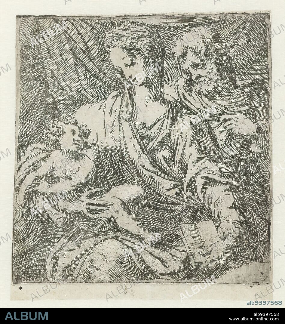 The Holy Family, Mary is seated with the Christ child on her lap. Behind them, Joseph stands before a drapery., print maker: anonymous, print maker: Orazio de Santis, (circle of), Italy, c. 1550 - c. 1575, paper, etching, height 149 mm × width 135 mm.