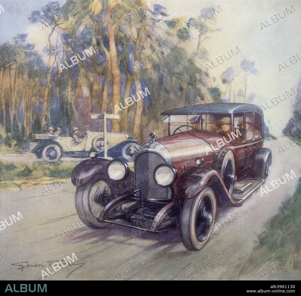 Poster advertising Bentley cars, 1927. A 3-litre Bentley driving down a country road. This image highlights a golden era for Bentley, its car dominating the Le Mans 24 hour race in its early years, winning the race in 1924, 1927, 1928, 1929 and 1930.