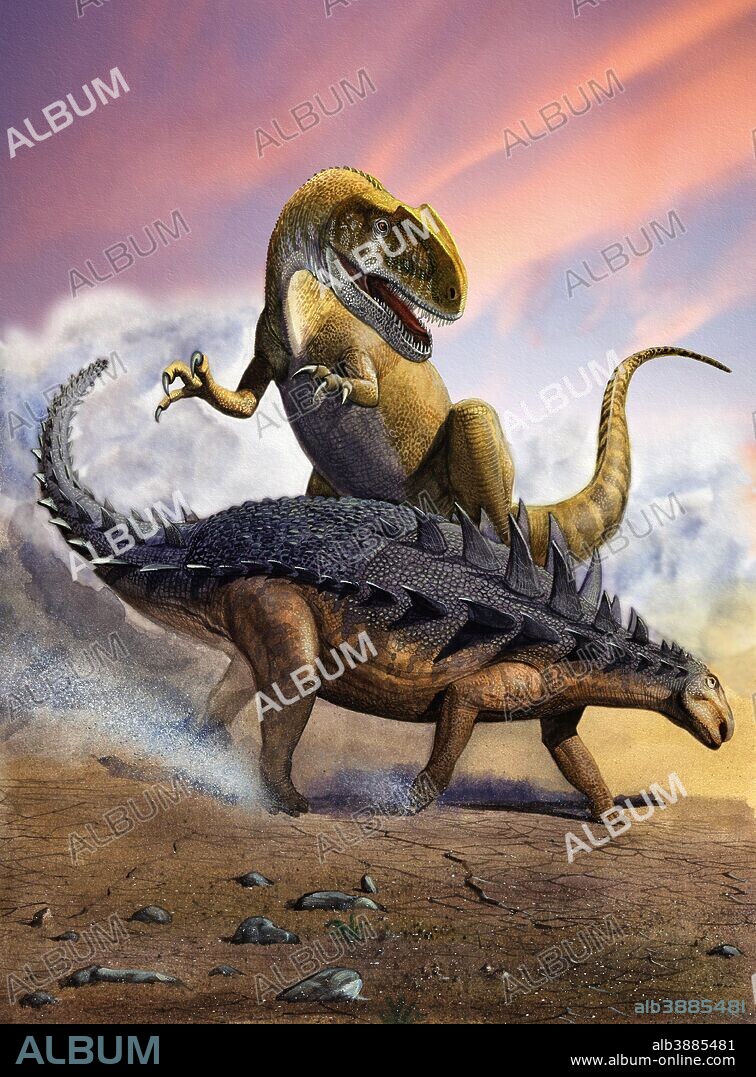 Confronation between a Neovenator allosaurid and a Polacanthus armored dinosaur during the Early Cretaceous Period.