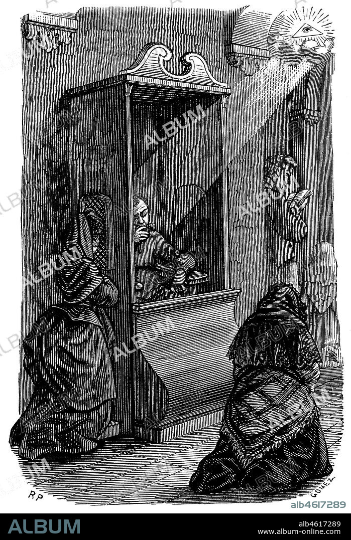 Los Sacramentos de la religión cristiana. Una mujer arrodillada ante el confesionario pide al sacerdote el perdón de sus pecados. Grabado de 1873.