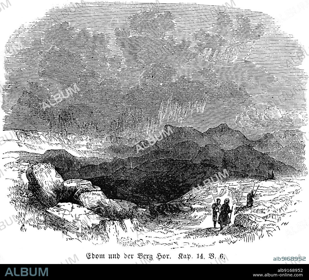 Edom and Mount Hor, Horites, Edomites, wanderers, landscape, mountains, rain, dark clouds, Moses, Bible, Old Testament, First Book of Moses, Chapter 14, Verse 6, historical illustration 1850