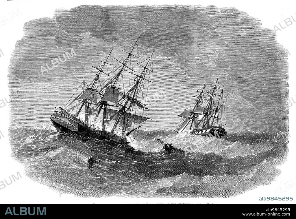 SMYTH. The Ship "Bengal" rescuing the crew of "The Child of the Regiment", 1858. Engraving from a sketch by Theodore Walter, chief officer of the Child of the Regiment. 'The barque Bengal, Captain Oates, from Calcutta, rescued the crew of the American ship Child of the Regiment on the 15th of November last, in the Atlantic...[The US ship was damaged in a storm and sprung a leak] '...we sighted the barque Bengal; signalled that we were in distress, and asked her to stay by us for the night. Next morning...the gale unabated; seven feet of water in the hold; pumps completely choked; men thoroughly worn out; sails blown away; and no prospect of the ship keeping afloat another day...[We] succeeded in getting all hands on board the Bengal, where we were very kindly received by Captain Oates...It was to us an awful and affecting sight to see that noble ship - for such she was - struggling with the elements in her last agonies. As the day closed we lost sight of her, but she was seen to go down in the early part of the night by a vessel astern of us. The Child of the Regiment was a fine specimen of maritime architecture, registering 1200 tons, and had on board 2000 tons of guano, consigned to Anthony Gibbs and Sons".' From "Illustrated London News", 1858.