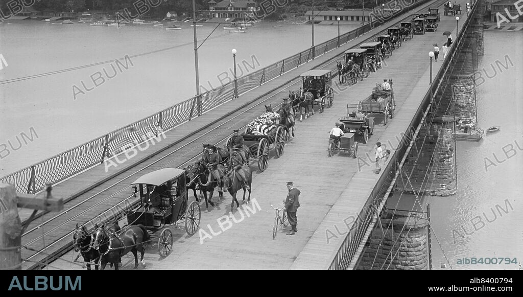 HARRIS & EWING. Funeral of Captain Charles T. Boyd, 10th Cavalry, U.S.A. His Funeral Crossing Georgetown Bridge, 1916. US army captain Charles Trumbull Boyd fought in the Battle of Carrizal - Mexican Revolution - on 21 June 1916, and died from his wounds. Here his funeral cortege crosses the Potomac in Washington, D.C.