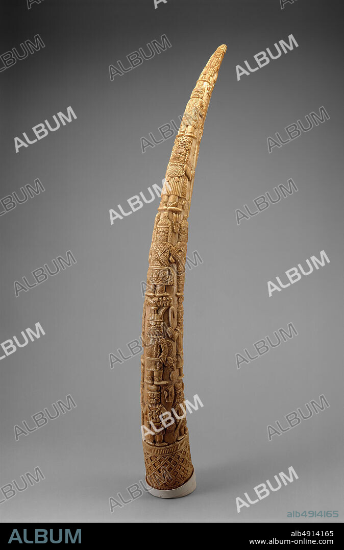 Altar Tusk, Edo peoples, 188897, Nigeria, Court of Benin, Edo peoples, Ivory, H. 44 x Circumference 12 3/8 in. (111.8 x 31.5 cm), Bone/Ivory-Sculpture.