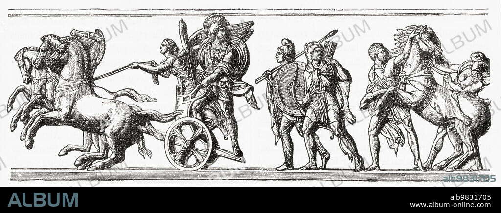 The assassination of Philip II of Macedon at Aegae, kingdom of Macedon, by Pausanias of Orestis one of his seven bodyguards, whilst celebrating the marriage of his daughter Cleopatra of Macedon. Philip II of Macedon, 382336 BC. King of the kingdom of Macedon from 359 BC until his assassination in 336 BC. From Cassell's Universal History, published 1888.