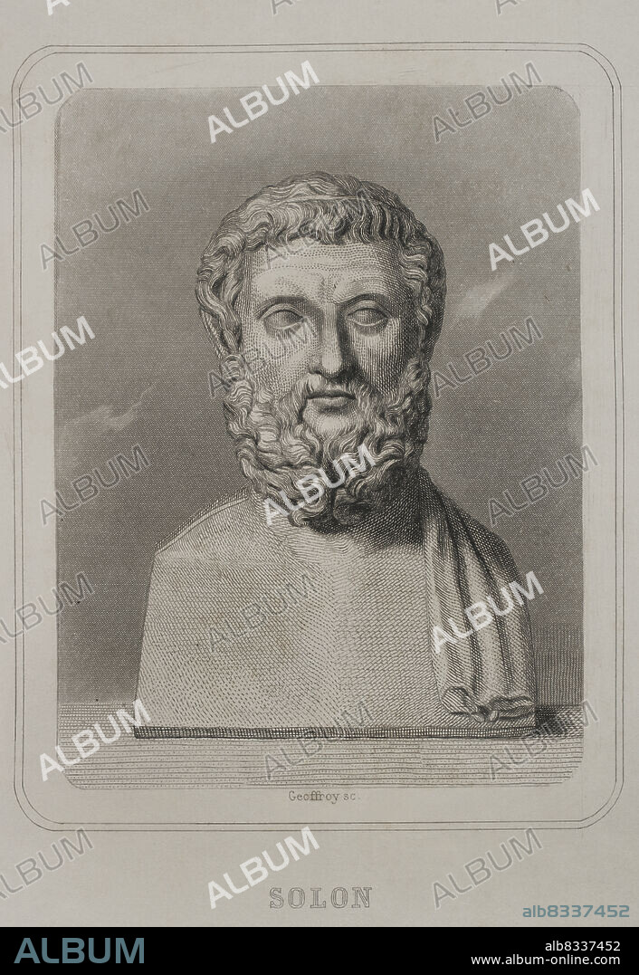 CHARLES GEOFFROY (1819-1882). FRENCH ENGRAVER.. Solón (h. 640 a.C. - h. 558 a.C.). Legislador, estadista y poeta ateniense, uno de los Siete Sabios de la antigua Grecia. Retrato. Grabado por Geoffroy. Historia Universal, por César Cantú. Tomo I. 1854.