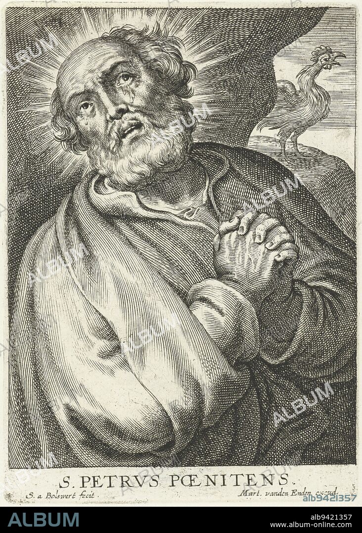 Saint Peter repenting for treason S. Petrvs poenitens (title on object) V, print maker: Schelte Adamsz. Bolswert, (mentioned on object), Peter Paul Rubens, publisher: Martinus van den Enden, (mentioned on object), 1596 - 1659, paper, engraving, h 126 mm × w 89 mm.