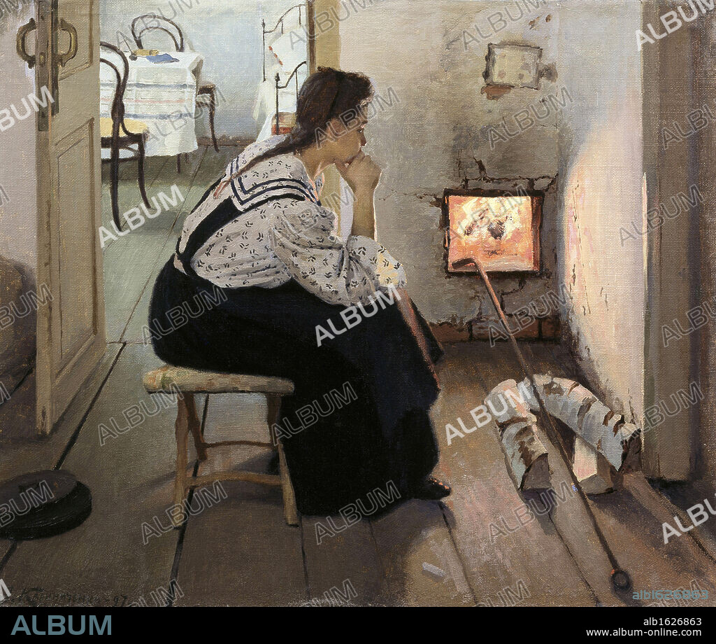 J. J. KALINICHENKO. Thought By The Stove  1897  J.J. Kalinichenko (19th C.- Russian)  Oil On Canvas  Ryazan Artistic Museum, Russia.