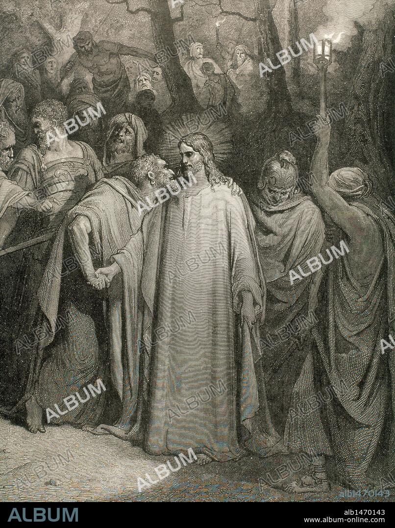 'EL BESO DE JUDAS'. Evangelio de San Juan. Dibujo de Gustave Doré y grabado por Pannemaker.