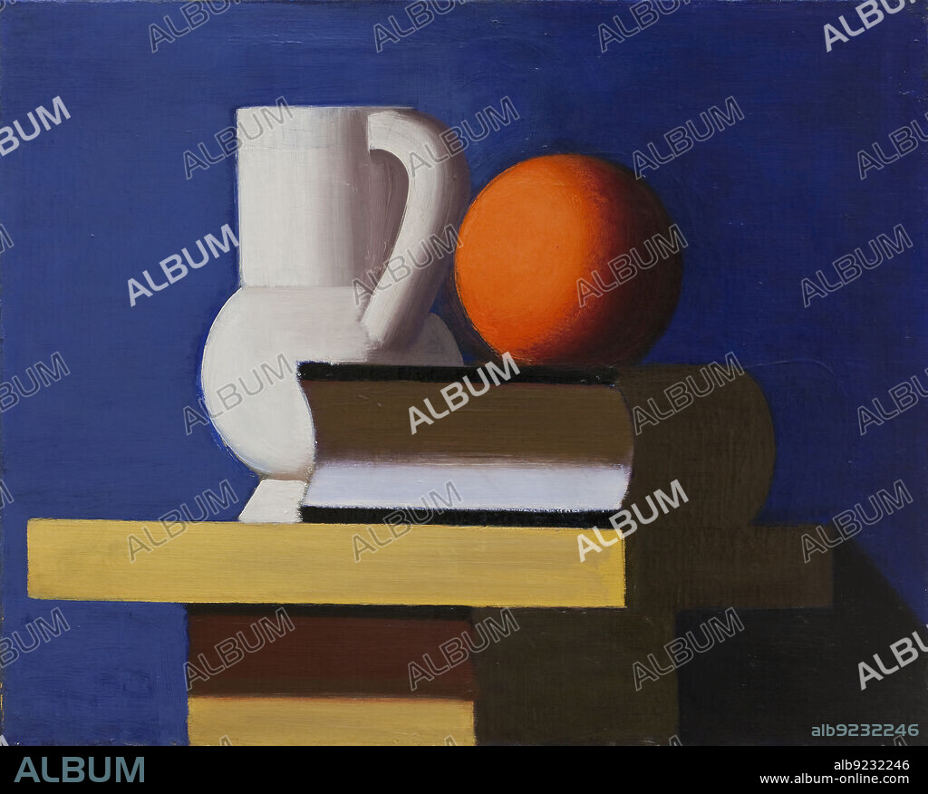 VILHELM LUNDSTRØM. Still Life with White Jar, Orange and Book. Blue Background, 1932-1933.