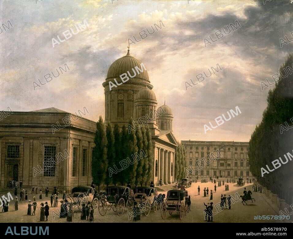 CARL GEORG ADOLPH HASENPFLUG. Berlin-Mitte, Dom (1747-50 nach Plänen von G.W. von Knobelsdorff durch J. Boumann d. Ä. erbaut; 1817-22 Umgestaltung durch K.F. Schinkel). "Die Domkirche in Berlin". Gemälde, 1825, von Carl Hasenpflug. (1802-1858). Öl auf Leinwand, 58,6 × 76,2 cm. Berlin, Märkisches Museum.